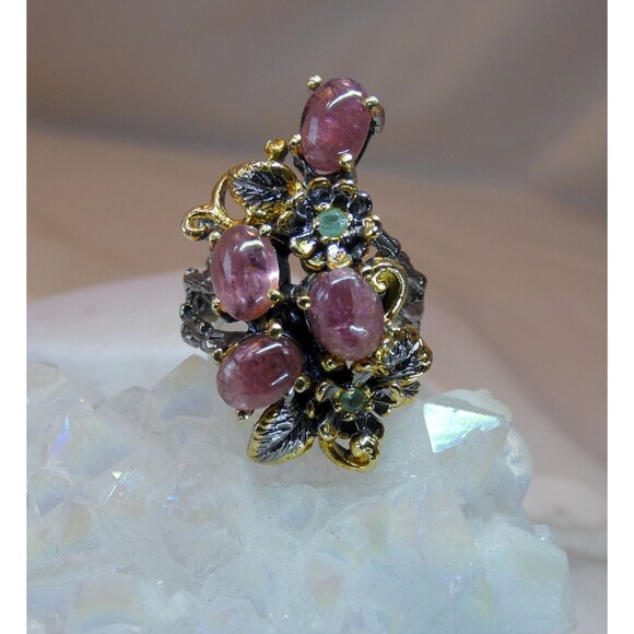 Natural Pink Tourmaline Emerald Oxidized Sterling Silver Ring Vine Botanical - Picture 2 of 7